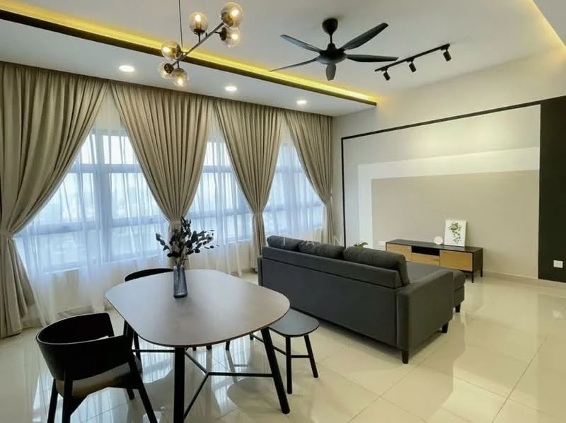 Living features: 3-seater fabric sofa in grey, round dining table, 4 black dining chairs, ceiling fan, chandelier with multiple bulbs, floor-to-ceiling windows, sheer curtains, recessed LED downlights, light wood sideboard, decorative plant in vase, cream painted walls, glossy tile flooring; style: modern.