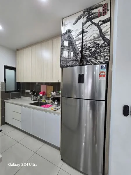 Kitchen features: stainless-steel fridge, white cabinetry, grey countertop, ceramic tile flooring, sink with faucet, built-in oven, stainless-steel range hood, kitchen utensils on countertop, wall-mounted mirror, window with black frame; style: modern.