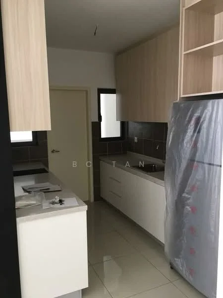 Kitchen features: white cabinetry, light wood upper cabinets, grey tiled backsplash, stainless-steel fridge, single-bowl stainless-steel sink, chrome pull-down faucet, countertop with integrated cooktop, wall-mounted cabinets, floor-to-ceiling windows, ceramic tile flooring, recessed downlights; style: modern.