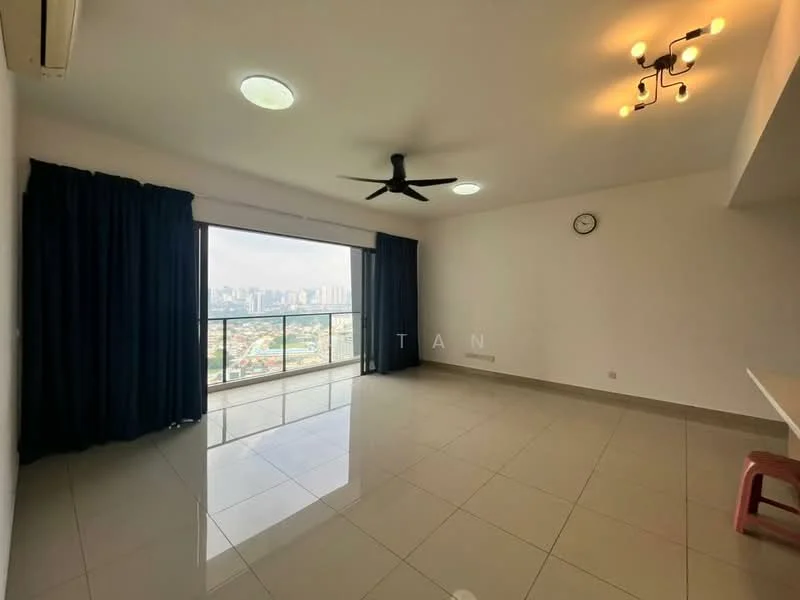 Living features: large floor-to-ceiling windows, city skyline view, white painted walls, polished ceramic tile flooring, 5-blade ceiling fan with light, recessed ceiling lights, wall clock, dark blue curtains, minimalist decor, open layout; style: modern; view: city.
