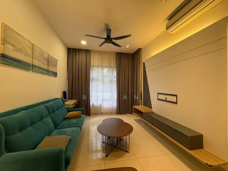 Living features: 3-seater fabric sofa in teal, wooden coffee table, wall-mounted TV console, recessed lighting, 5-blade ceiling fan with light, floor-to-ceiling windows with sheer curtains, grey accent wall, cream tiled flooring; style: modern.