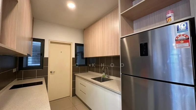 Kitchen features: light wood cabinetry, white countertop, stainless-steel sink, chrome pull-down faucet, built-in oven, stainless-steel fridge, ceramic tile flooring, grey tiled backsplash, under-cabinet lighting, wall-mounted cabinets, single-bowl sink, sliding door, window with black frame; style: modern.