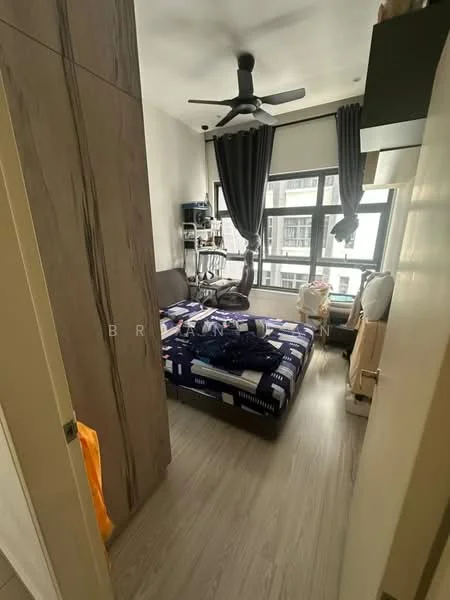Bedroom features: queen-size bed with patterned bedding, 2 bedside tables, floor-to-ceiling windows, blackout curtains, ceiling fan, laminate flooring, built-in wardrobe, study desk with chair, wall-mounted shelves, decorative items on shelves; style: modern; view: city.