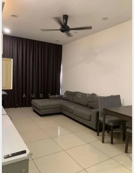 Living features: 3-seater fabric sofa in grey, L-shape sectional sofa, ceiling fan, dining table with chairs, tile flooring, white painted walls, dark brown curtains, wall-mounted TV console, recessed lighting; style: modern.