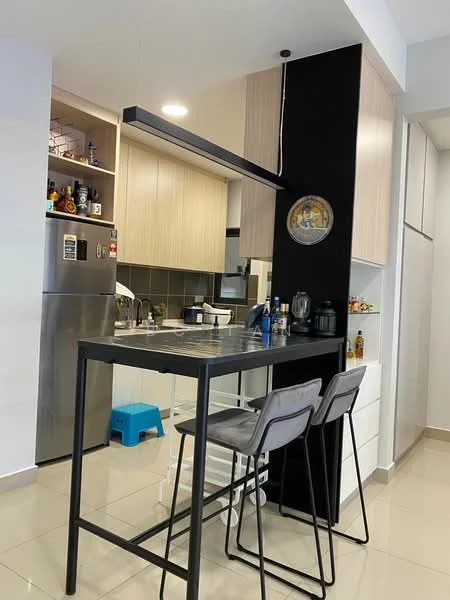 Kitchen features: stainless-steel fridge, built-in oven, black countertop, wood cabinetry, grey tile backsplash, pendant light fixture, bar stools, open shelving, ceramic tile flooring, kitchen island, kitchen utensils visible, wall-mounted cabinets; style: modern.