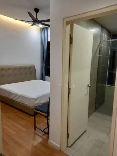 Bedroom features: queen-size bed, upholstered headboard, wooden flooring, 5-blade ceiling fan, blue curtains, chair, wall-mounted light, neutral wall color; style: modern. Bathroom features: tiled walls, shower area, glass enclosure, neutral color scheme, sink, toilet.