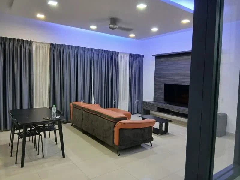 Living features: 3-seater sofa in grey with orange accents, black coffee table, TV console, wall-mounted TV, floor-to-ceiling windows, sheer curtains in white, blackout curtains in grey, recessed LED downlights, ceiling fan, plank tile flooring, decorative wall paneling, area rug; style: modern.
