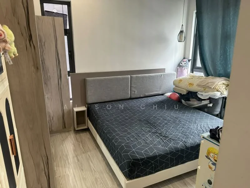 Bedroom features: queen-size bed with grey upholstered headboard, light grey bedding, wooden flooring, white walls, blackout curtains, nightstand with drawer, built-in wardrobe with sliding doors, decorative plush toys, pillow on bed, window with view, wall-mounted light fixture; style: modern.