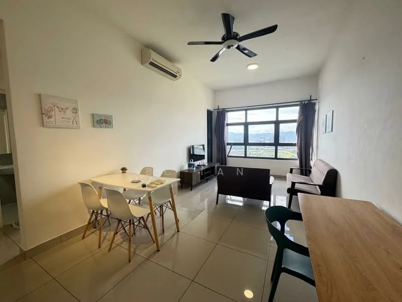 Living features: 5-blade ceiling fan, wall-mounted TV, sofa in brown, dining table with 4 chairs, wooden side table, large windows with city view, air conditioning unit, ceramic tile flooring, light-colored walls, curtains, decorative artwork on walls; style: modern; view: city.