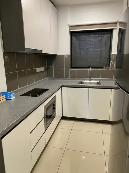 Kitchen features: grey granite countertop, white flat-panel cabinets, stainless-steel sink, chrome pull-down faucet, built-in oven, ceramic tile flooring, black window with roller blinds, grey tiled backsplash, integrated refrigerator, undermount lighting; style: modern.