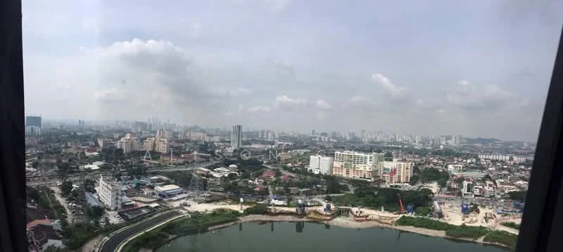 Exterior type: high-rise condominium; features: city skyline view, surrounded by urban development, waterfront area, construction sites visible, various building heights, green spaces in the vicinity; style: modern.