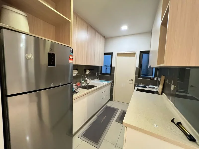 Kitchen features: stainless-steel fridge, white cabinetry, light wood upper cabinets, grey countertop, single-bowl stainless-steel sink, chrome pull-down faucet, built-in oven, ceramic tile flooring, recessed downlights, window with black frame, kitchen mat, wall-mounted cabinets; style: modern.