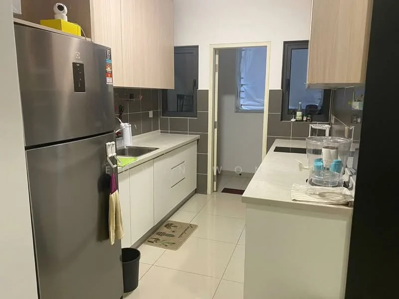 Kitchen features: stainless-steel fridge, white cabinetry, light wood upper cabinets, grey countertop, double-bowl stainless-steel sink, chrome pull-down faucet, ceramic tile flooring, wall-mounted cabinets, window above sink, kitchen towel hanging, kitchen mat, open layout, neutral wall colour; style: modern.
