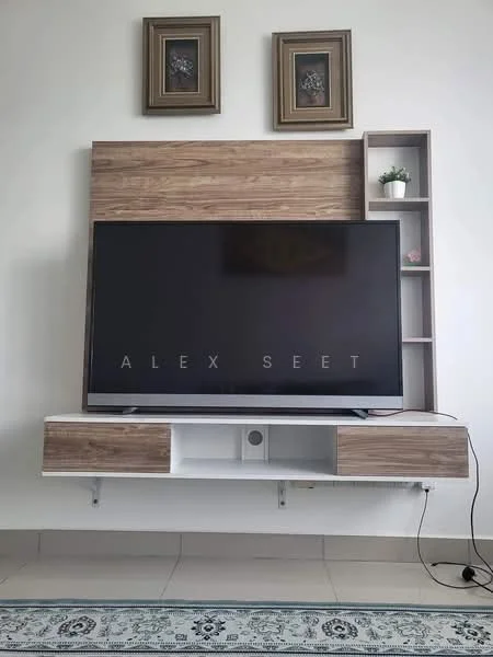 Living features: wall-mounted TV, wooden TV console with drawers, open shelving unit, decorative wall art, ceramic plant pot, light-colored tiled flooring, neutral wall color, area rug with pattern; style: modern.