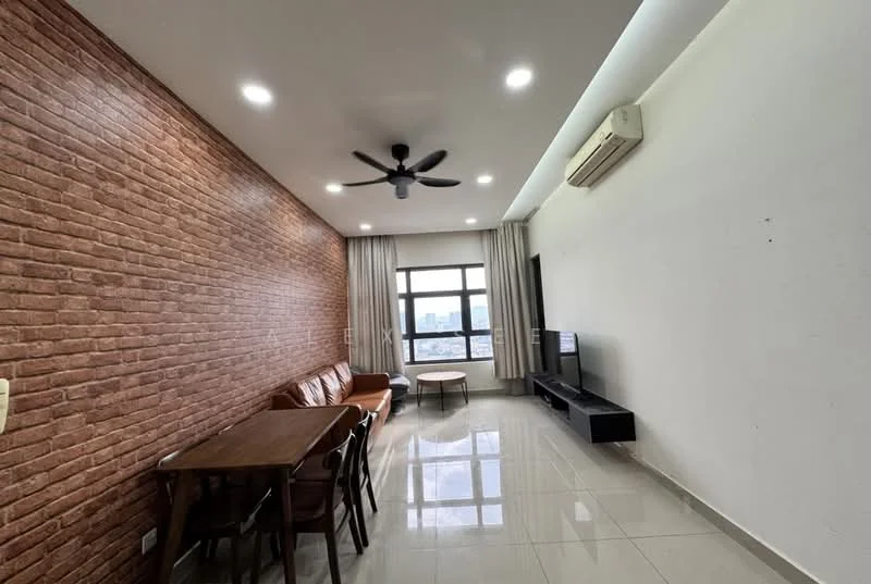 Living features: exposed brick accent wall, white painted walls, glossy tile flooring, 5-blade ceiling fan with light, wall-mounted TV, black TV console, brown leather sofa, wooden dining table, 4 dining chairs, large windows with sheer curtains, air conditioning unit; style: modern; view: city.