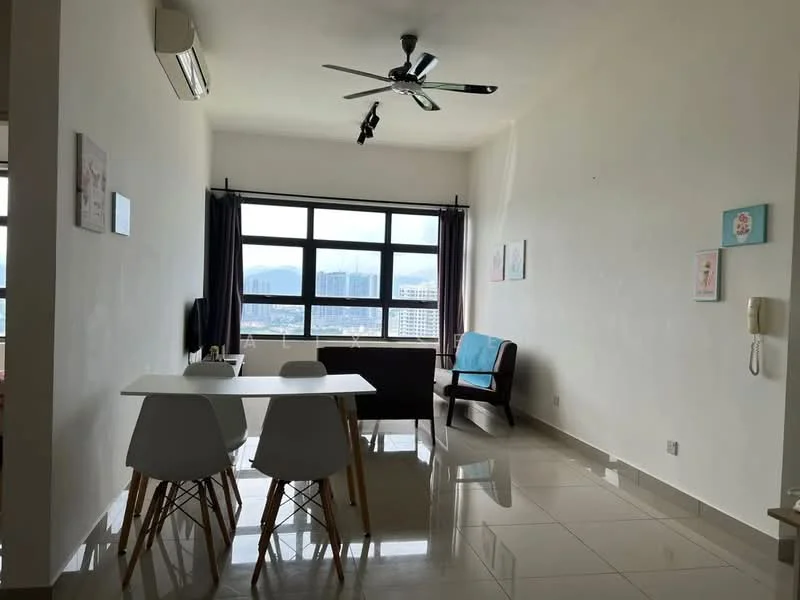 Living features: floor-to-ceiling windows, grey walls, white ceiling, 5-blade ceiling fan with light, recessed downlights, polished ceramic tile flooring, sofa in dark color, dining table with white chairs, TV mounted on wall, decorative artwork on walls; style: modern; view: city.