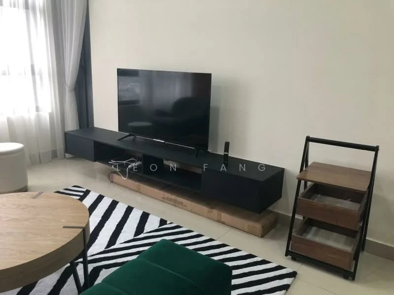 Living features: black flat-panel TV, black TV console, wooden side table, green velvet sofa, round coffee table, black and white striped area rug, white curtains, cream painted walls, tile flooring; style: modern.