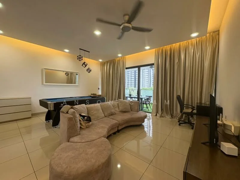 Living features: L-shape sectional sofa in beige, coffee table, wall-mounted TV, TV console, floor-to-ceiling windows, sheer curtains, recessed LED downlights, ceiling fan, decorative mirror, tile flooring, built-in cabinetry, area rug; style: modern; view: garden.