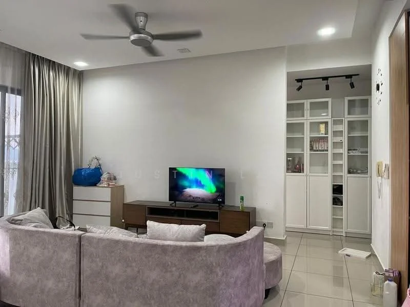 Living features: 3-seater fabric sofa in light grey, coffee table, wall-mounted TV, TV console, floor-to-ceiling windows, curtains, light grey tiled flooring, ceiling fan with light, built-in shelving unit, decorative wall art; style: modern.