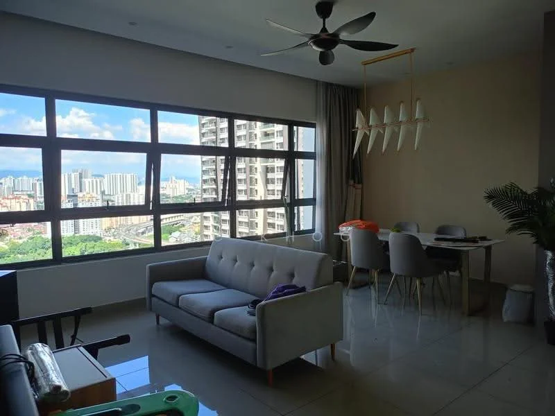 Living features: 3-seater fabric sofa in light grey, ceiling fan with 5 blades, large floor-to-ceiling windows with city view, light wood dining table for 4, upholstered dining chairs, pendant light fixture, neutral painted walls, glossy tile flooring; style: modern; view: city.