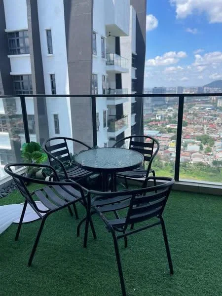 Balcony features: glass railing, artificial grass flooring, round glass-top table, 4 black metal chairs, city view; style: modern; view: city.