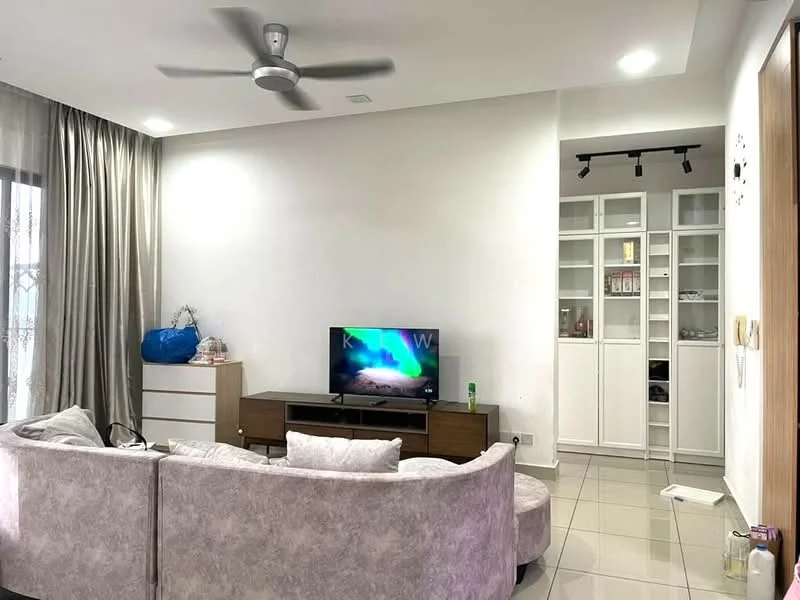 Living features: 3-seater fabric sofa in light grey, coffee table, wall-mounted TV, TV console in dark wood, floor-to-ceiling windows with sheer curtains, light grey walls, recessed downlights, ceiling fan, glossy tile flooring, built-in shelving unit, decorative items on shelves; style: modern.