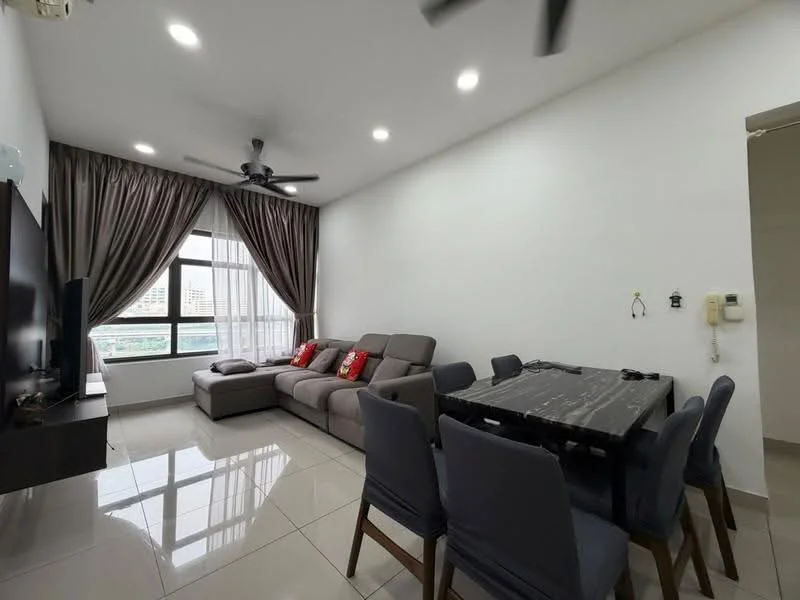 Living features: 3-seater fabric sofa in grey, red decorative cushions, coffee table with dark surface, wall-mounted TV, TV console, floor-to-ceiling windows, sheer curtains, 5-blade ceiling fan with light, recessed LED downlights, glossy tile flooring, decorative wall, dining table with 6 upholstered chairs; style: modern; view: city.