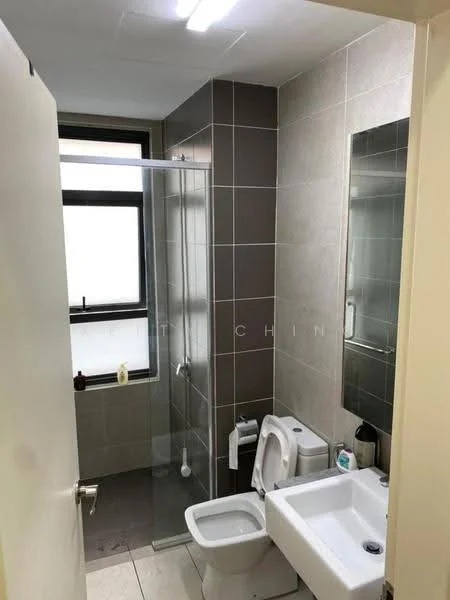 Bathroom features: glass shower enclosure, rain shower head, wall-mounted toilet, single-sink vanity, mirror above sink, grey tiled walls, light-colored floor tiles, window for natural light, toilet paper holder, soap dispenser, towel rack; style: modern.