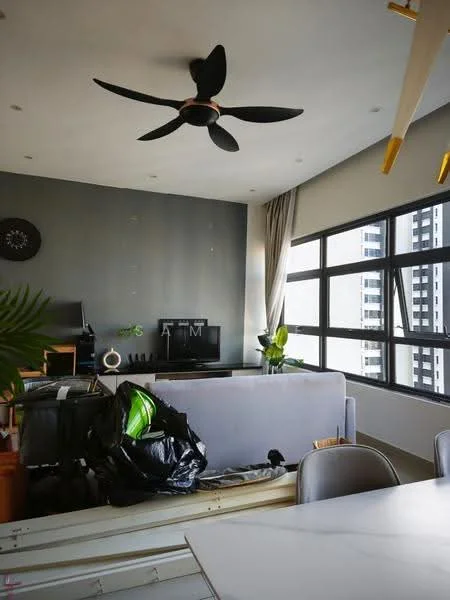 Living features: 5-blade ceiling fan in black, grey accent wall, floor-to-ceiling windows, light curtains, sofa in light grey, TV console, houseplants in ceramic pots, decorative items on shelves, wooden flooring; style: modern; view: city.