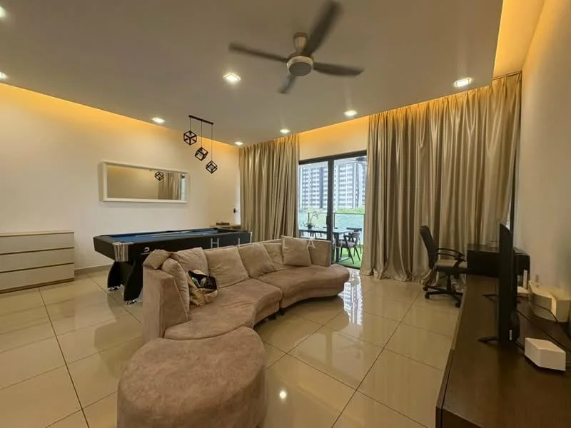 Living features: L-shape sectional sofa in beige, coffee table, wall-mounted TV, TV console, ceiling fan with light, recessed LED downlights, floor-to-ceiling windows, curtains, tile flooring, decorative mirror, built-in cabinets, area rug; style: modern; view: garden.