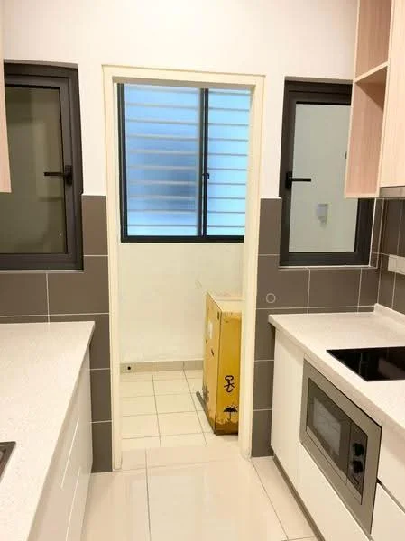 Kitchen features: white quartz countertop, stainless-steel built-in oven, white cabinetry, grey tiled backsplash, two windows with black frames, tile flooring, open layout, doorway leading to utility area; style: modern.