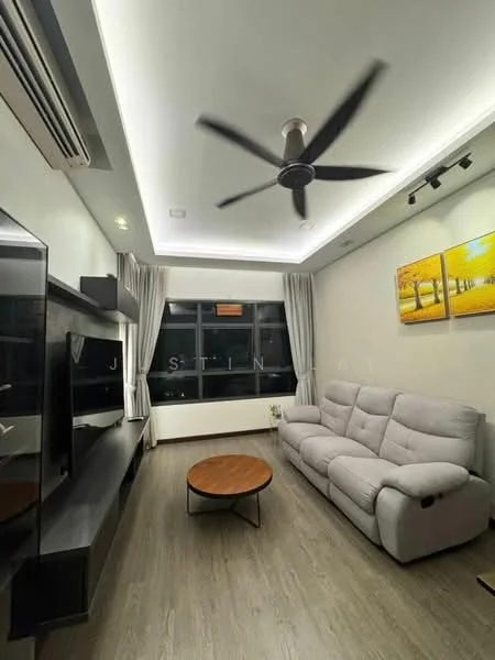 Living features: 3-seater fabric sofa in light grey, round wooden coffee table, wall-mounted TV unit, LED strip lighting on ceiling, 5-blade ceiling fan with light, floor-to-ceiling windows with sheer curtains, laminate flooring, decorative artwork on walls; style: modern.