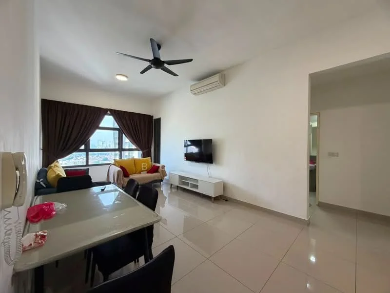 Living features: 5-blade ceiling fan with light, wall-mounted TV, white painted walls, cream tiled flooring, floor-to-ceiling windows, brown curtains, black dining table with chairs, sofa with yellow and red cushions, air conditioning unit; style: modern; view: city. Room features: doorway leading to another room.
