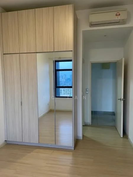 Room features: built-in wardrobe with mirrored doors, light wood cabinetry, wall-mounted split AC, light-colored laminate flooring, large window with city view, door leading to another room, neutral wall color; style: modern; view: city.