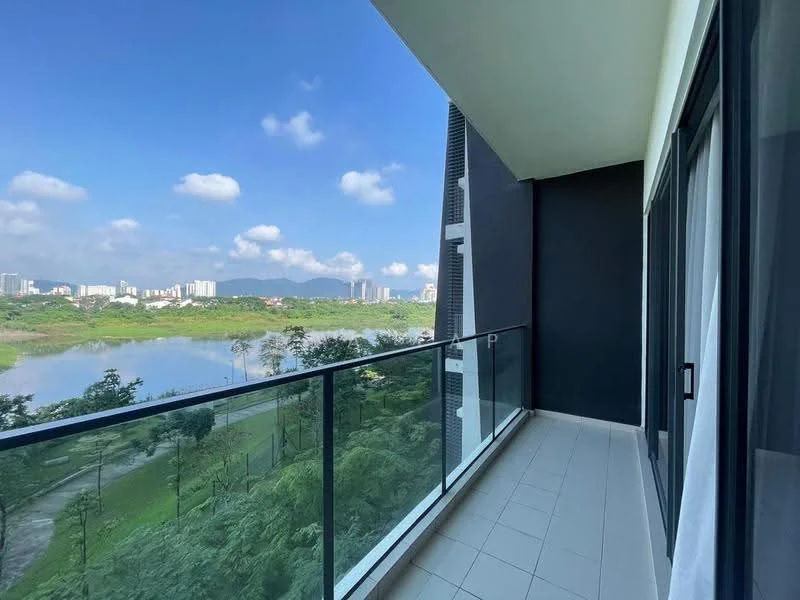 Balcony features: glass railing, tiled flooring, outdoor view, access from living room, overlooking green landscape, city skyline in distance, sunny exposure; style: modern; view: garden.