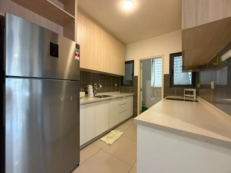 Kitchen features: stainless-steel fridge, white cabinetry, light wood upper cabinets, grey tiled backsplash, white countertop, built-in microwave, single-bowl stainless-steel sink, chrome pull-down faucet, ceramic tile flooring, recessed ceiling lights, window with blinds, door leading to hallway; style: modern.
