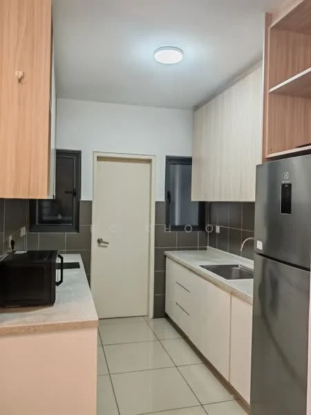 Kitchen features: white cabinetry, light wood upper cabinets, grey tiled backsplash, granite countertop, stainless-steel sink, chrome pull-down faucet, built-in microwave, stainless-steel fridge, ceramic tile flooring, recessed ceiling light, window with black frame, door to hallway; style: modern.