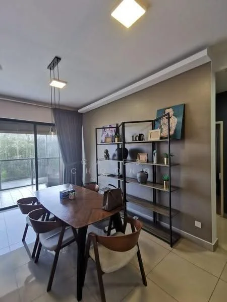 Dining features: rectangular wooden dining table, 4 upholstered dining chairs, metal shelving unit, decorative items on shelves, large sliding glass door, curtains, recessed ceiling lights, neutral wall color, tile flooring; style: modern; view: garden.