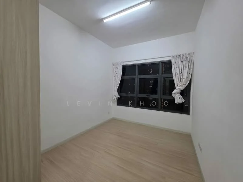 Room features: white painted walls, laminate flooring, floor-to-ceiling windows, curtains with floral pattern, ceiling lights; style: modern; view: city.