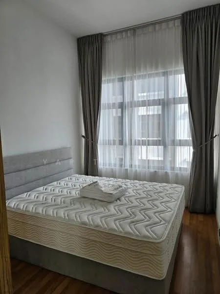Bedroom features: queen-size bed with mattress, grey upholstered bed frame, floor-to-ceiling windows, sheer white curtains, wooden flooring, white painted walls, decorative throw blanket, bedside table with towel; style: modern.