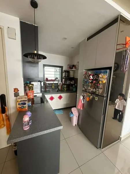 Kitchen features: grey laminate cabinetry, black countertop, stainless-steel fridge, built-in oven, microwave, kitchen island, pendant light, tile flooring, window with blinds, open shelving, decorative magnets on fridge, colorful kitchen accessories; style: modern.