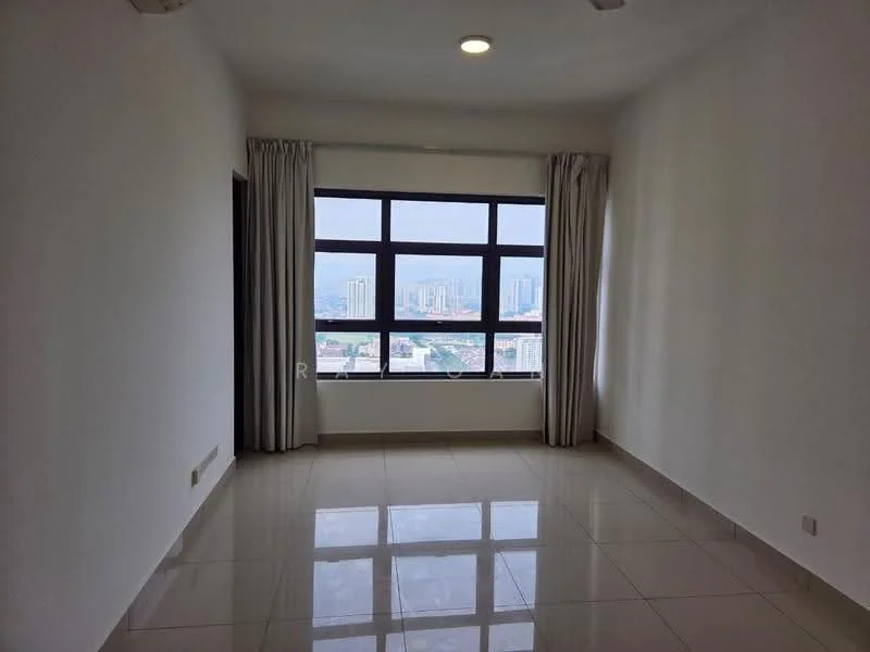 Room features: white painted walls, glossy ceramic tile flooring, floor-to-ceiling windows, sheer curtains, recessed downlights, city view; style: modern; view: city.