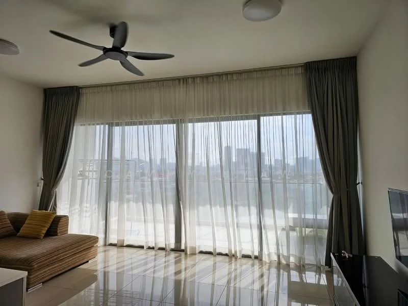 Living features: 3-seater fabric sofa in beige, floor-to-ceiling windows, sheer curtains, grey curtains, ceiling fan, polished tile flooring, TV console, wall-mounted TV, decorative throw pillows, area rug; style: modern; view: city.