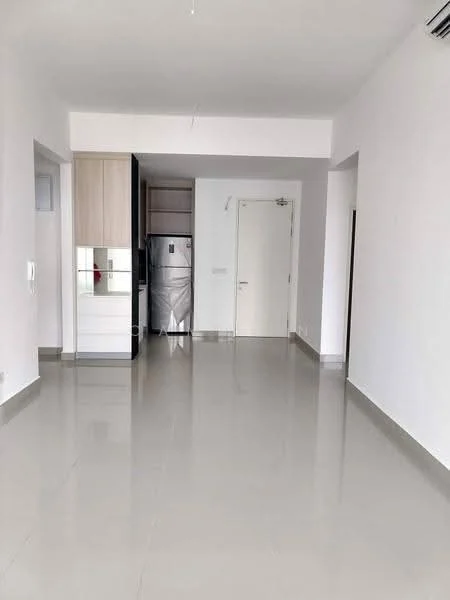 Room features: white painted walls, glossy tile flooring, recessed downlights, built-in cabinetry, stainless-steel fridge, open layout, door leading to another room, wall-mounted split AC; style: modern.