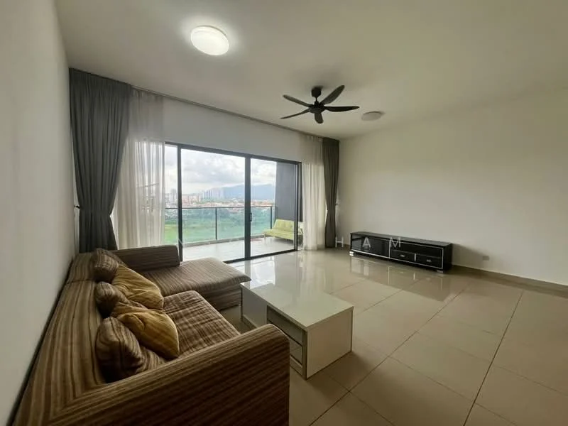 Living features: 3-seater fabric sofa in beige, coffee table, TV console in black, floor-to-ceiling windows, sliding glass door, curtains, ceiling fan, recessed downlights, glossy tile flooring, neutral painted walls; style: modern; view: city.
