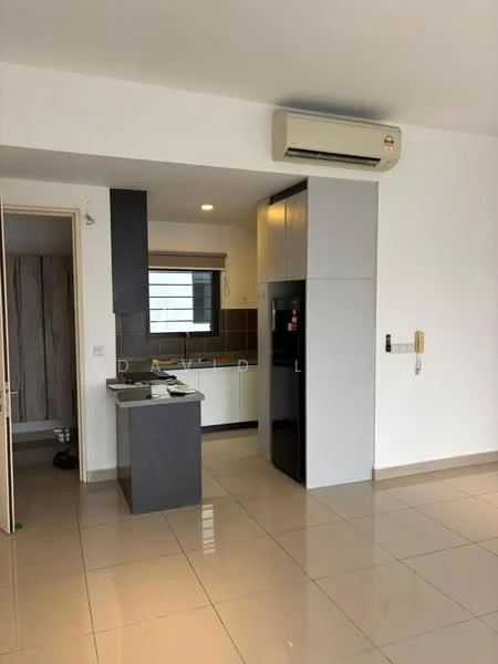 Kitchen features: white painted walls, cream tiled flooring, kitchen cabinets in dark grey, stainless-steel fridge, built-in oven, ceramic cooktop, single-bowl stainless-steel sink, chrome pull-down faucet, window above sink, recessed downlights, wall-mounted split AC; style: modern.