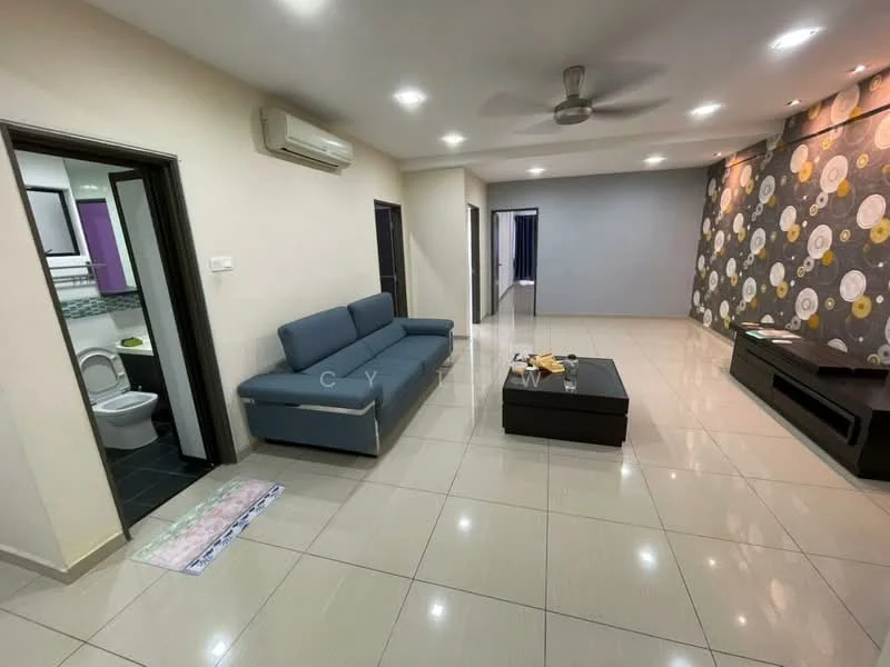 Living features: 3-seater fabric sofa in blue, coffee table, wall-mounted TV, entertainment unit, ceiling fan, recessed downlights, glossy tile flooring, feature wall with circular patterns, neutral painted walls, open layout, air conditioning unit; style: modern. Bathroom features: one-piece toilet.