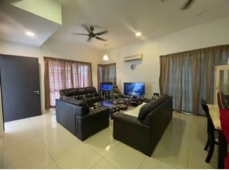 Living features: 3-seater leather sofa, 2-seater leather sofa, coffee table, wall-mounted TV, TV console, area rug, ceiling fan, recessed downlights, floor-to-ceiling windows with sheer curtains, cream painted walls, glossy tile flooring; style: modern.