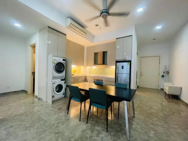 Kitchen features: light grey cabinetry, white countertop, built-in refrigerator, built-in oven, stainless-steel sink, chrome pull-down faucet, washing machine, dryer, 5-blade ceiling fan with light, recessed LED downlights, dining table with black surface, 4 dining chairs in teal, grey tile flooring, white painted walls; style: modern.