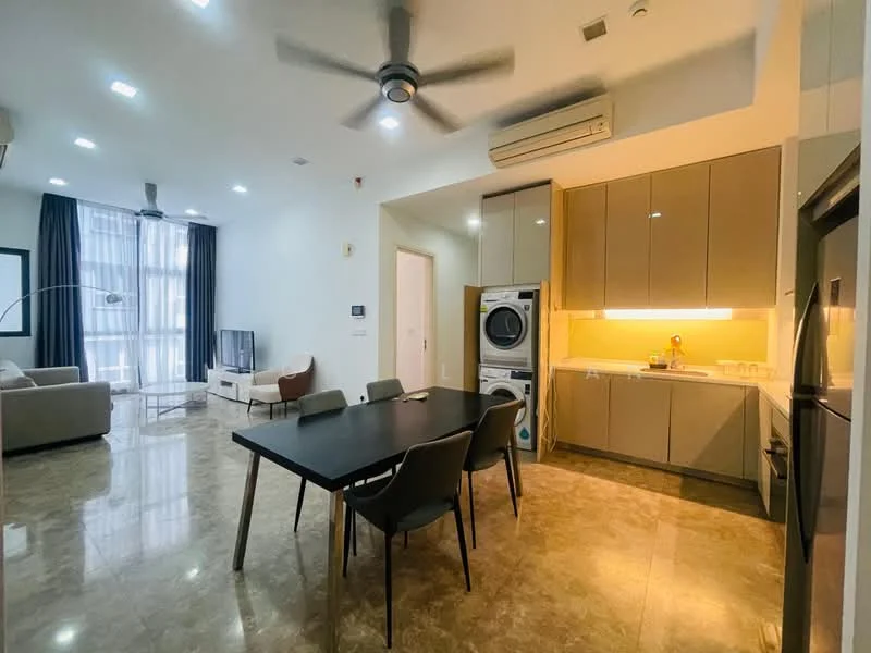 Kitchen features: marble tile flooring, white painted walls, recessed downlights, ceiling fan, built-in cabinetry in beige, stainless-steel fridge, built-in washing machine, single-bowl stainless-steel sink, chrome pull-down faucet, countertop with under-cabinet lighting, dining table with black surface, 4 dining chairs, open layout to living area; style: modern. Living features: marble tile flooring, white painted walls, recessed downlights, ceiling fan, sofa, TV console, wall-mounted TV, large windows with sheer curtains; style: modern.